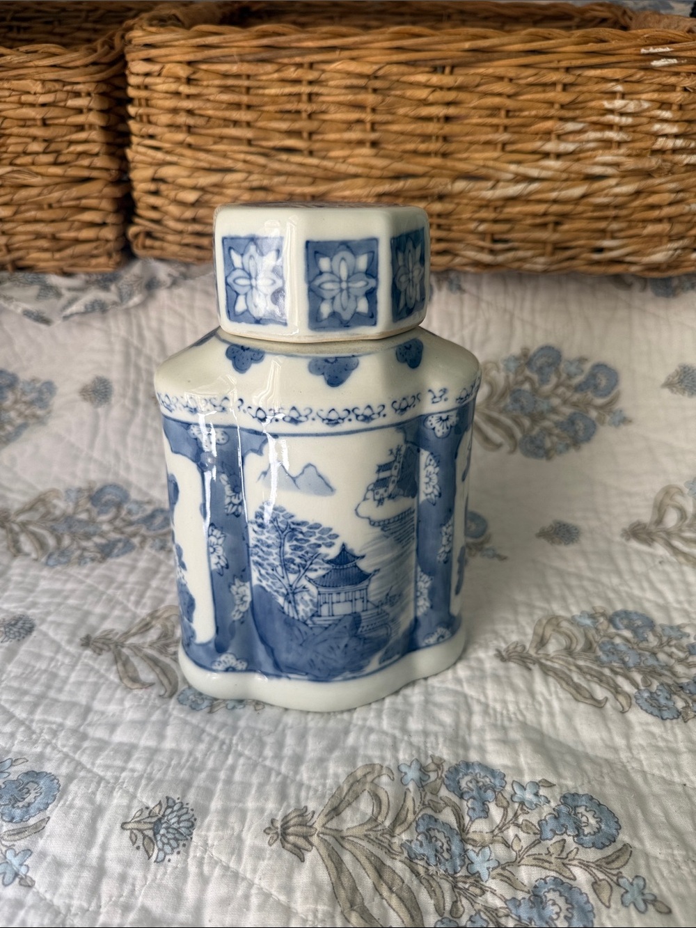 Blue and White Ceramic Tea Caddy - Decorative Porcelain Jar